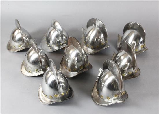 Don Carlos; Il Trovatore and Macbeth: Eight steel soldiers matching helmets and another similar helmet